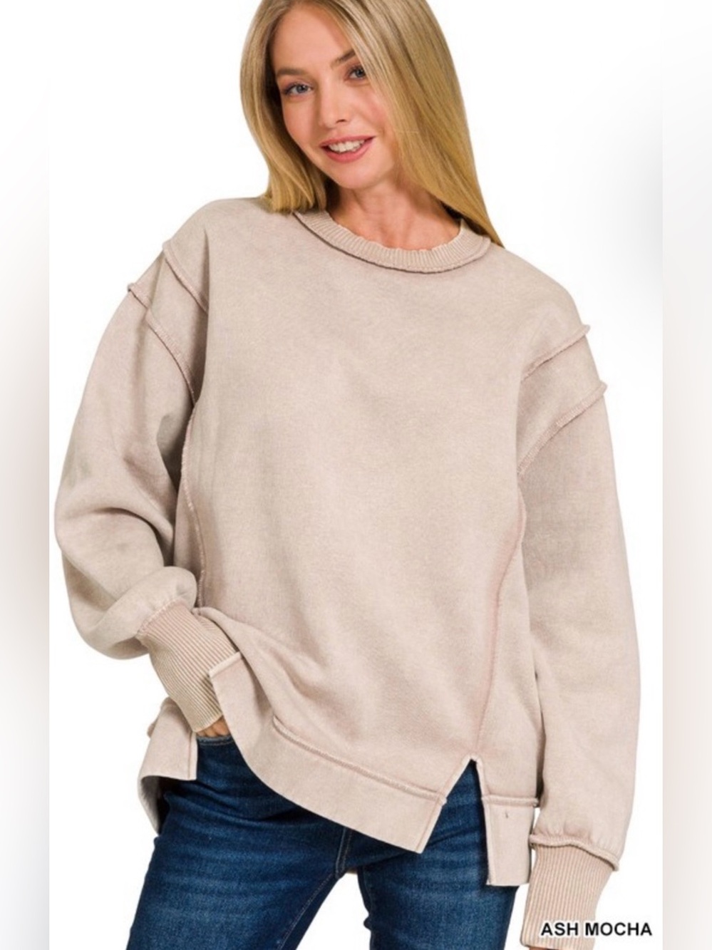 Zenana Outfitters Relaxed Crewneck Sweatshirt ~ Mineral Wash Taupe